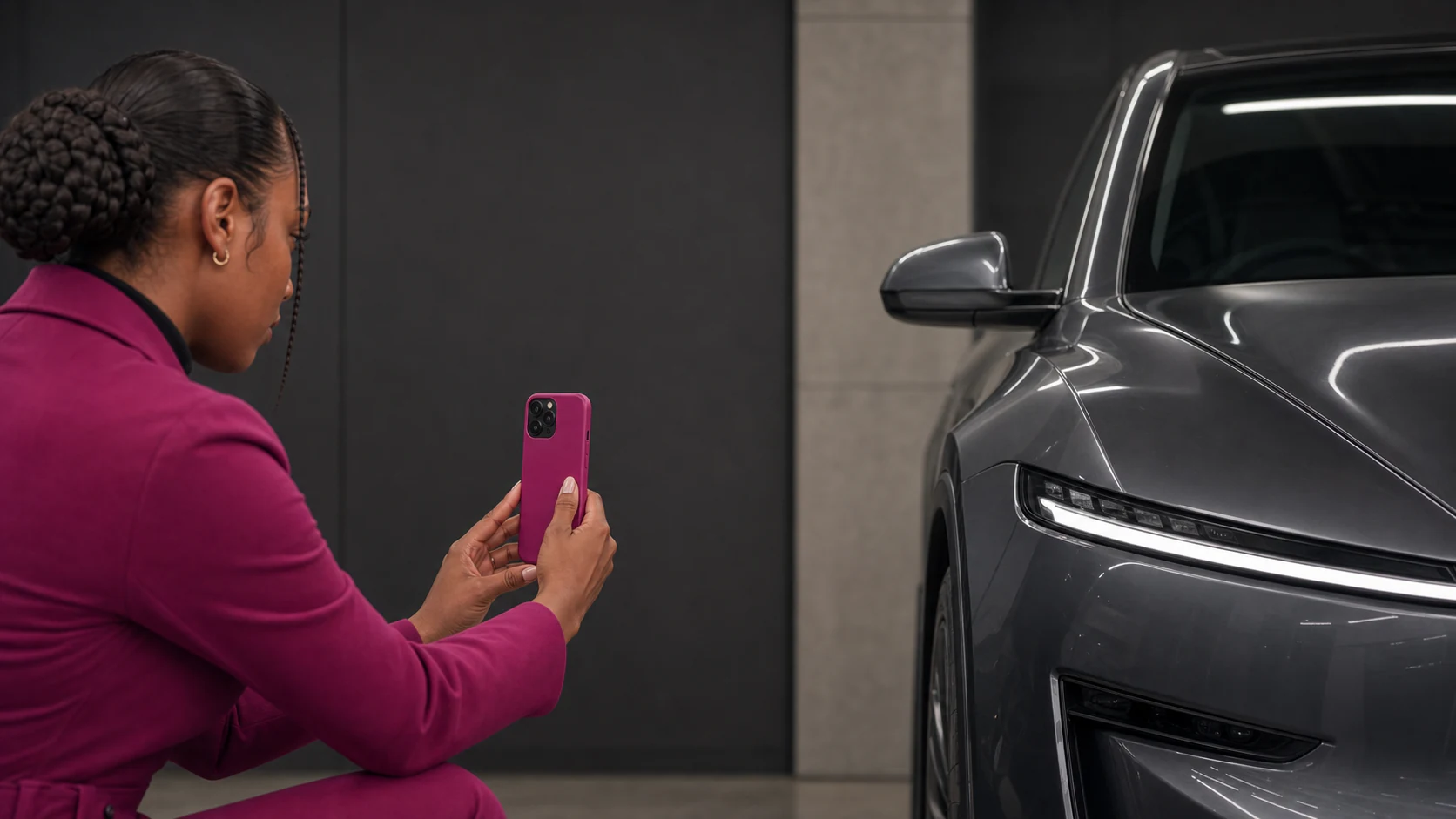 Halo campaign image of guided phone capture beside a vehicle